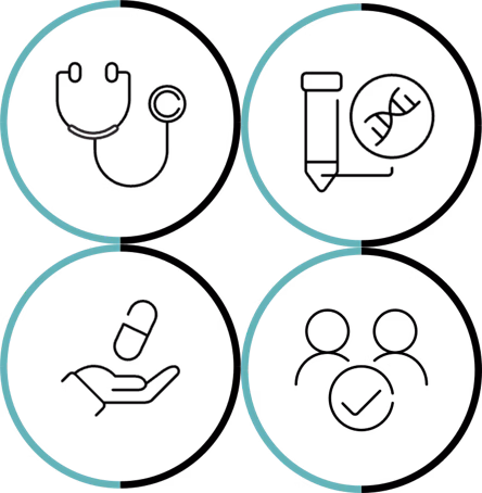 Four icons within circles, depicting the LifeArc Centre colours. This demonstrate the four areas of focus for the centre; diagnosis, biomarkers, treatment and PPIE. 